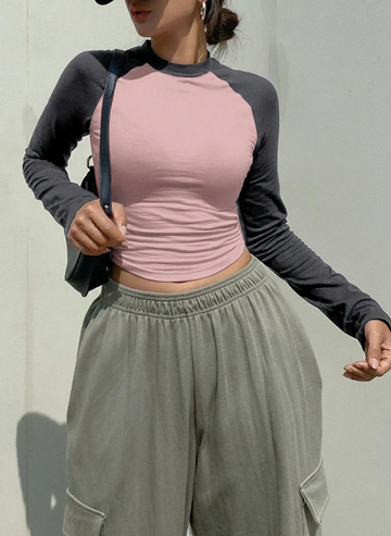 LT1K Steel Grey/Pink Essential Full-Sleeves Raglan Slim Top.(Perfect For Winter Season).