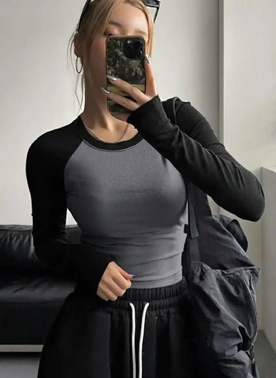 LT1K Black/Steel Grey Essential Full-Sleeves Raglan Slim Top.(Perfect For Winter Season).