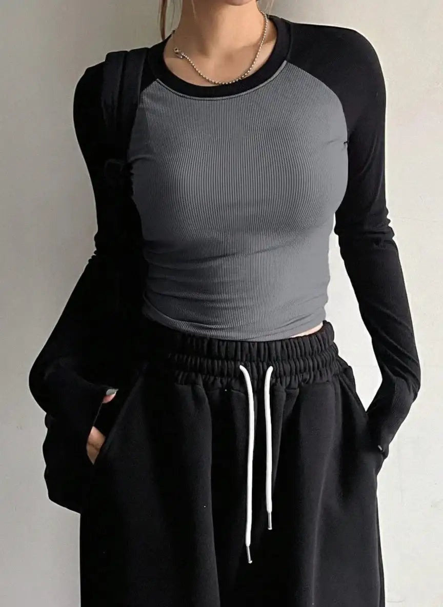 LT1K Black/Steel Grey Essential Full-Sleeves Raglan Slim Top.(Perfect For All Season)