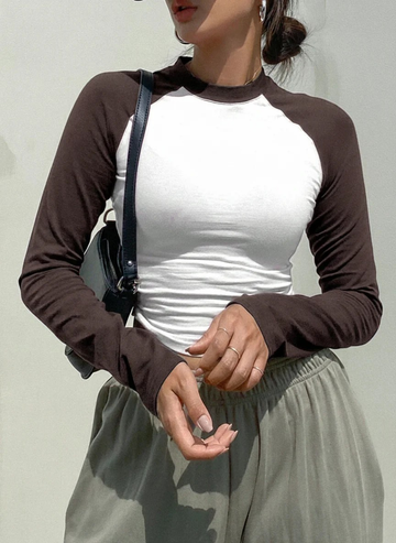 LT1K Brown/White Essential Full-Sleeves Raglan Slim Top.(Perfect For Winter Season).