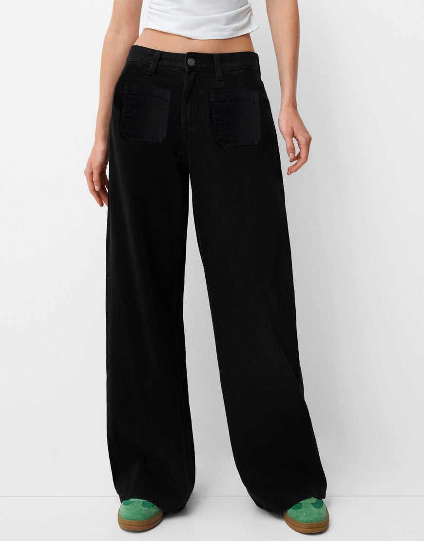 LT1K Black Utility Pocket Wide-Leg Frayed Hem Jeans. - lessthan1thousand
