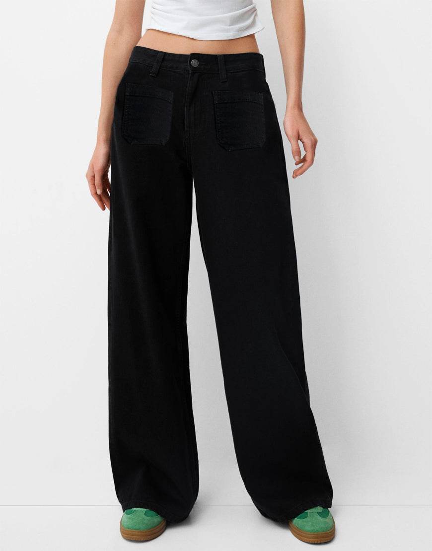 LT1K Black Utility Pocket Wide-Leg Frayed Hem Jeans. - lessthan1thousand