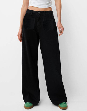 LT1K Black Utility Pocket Wide-Leg Frayed Hem Jeans. - lessthan1thousand