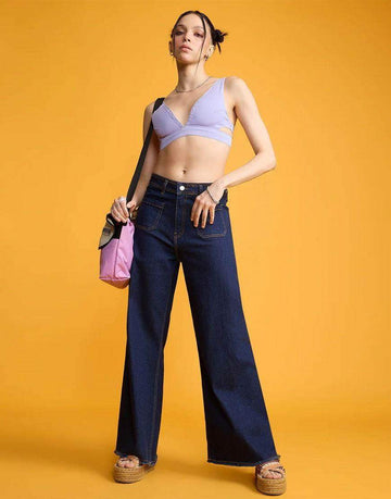 LT1K Dark Blue Utility Pocket Wide-Leg Frayed Hem Jeans. (Minor Fault) - lessthan1thousand