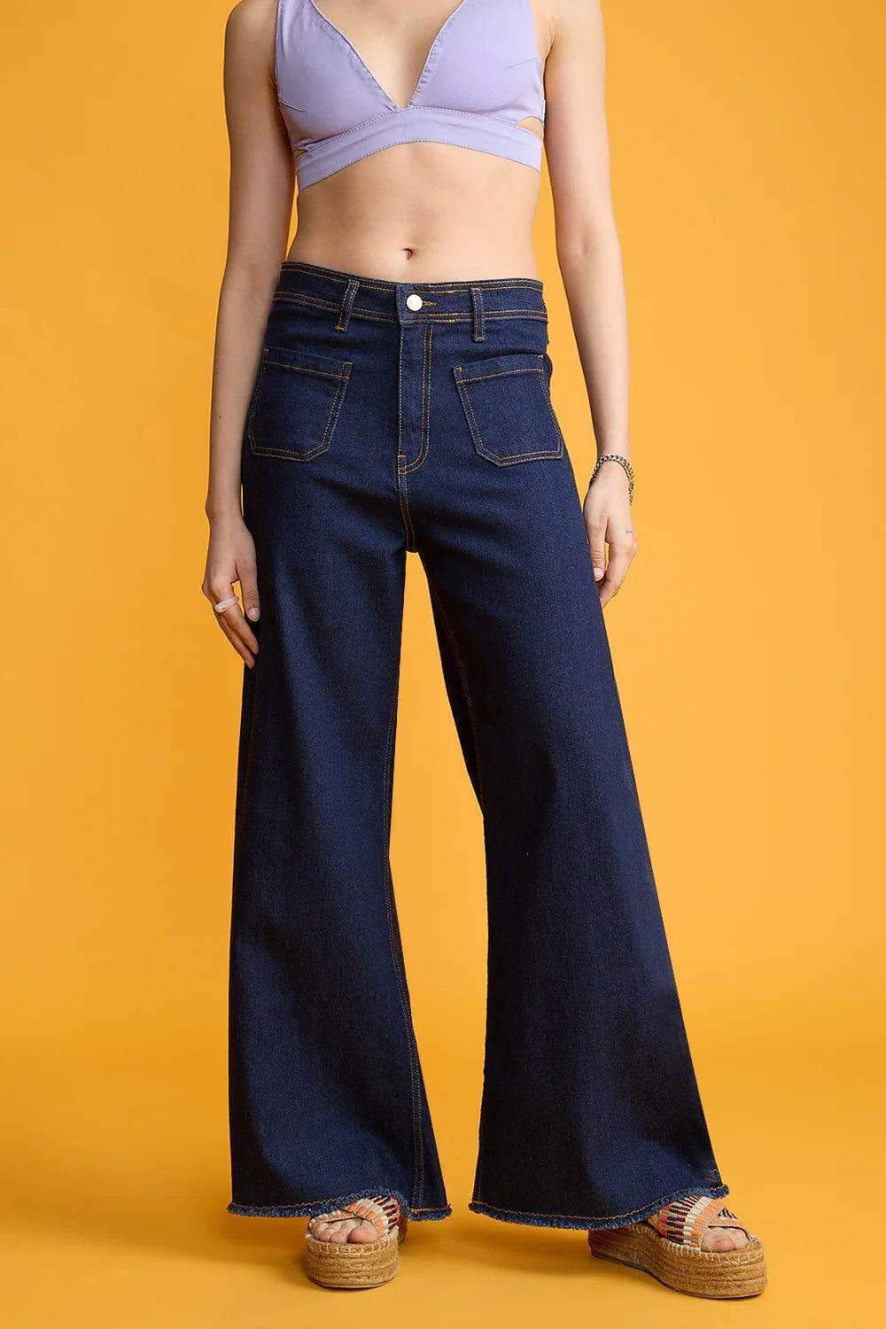 LT1K Dark Blue Utility Pocket Wide-Leg Frayed Hem Jeans. (Minor Fault) - lessthan1thousand