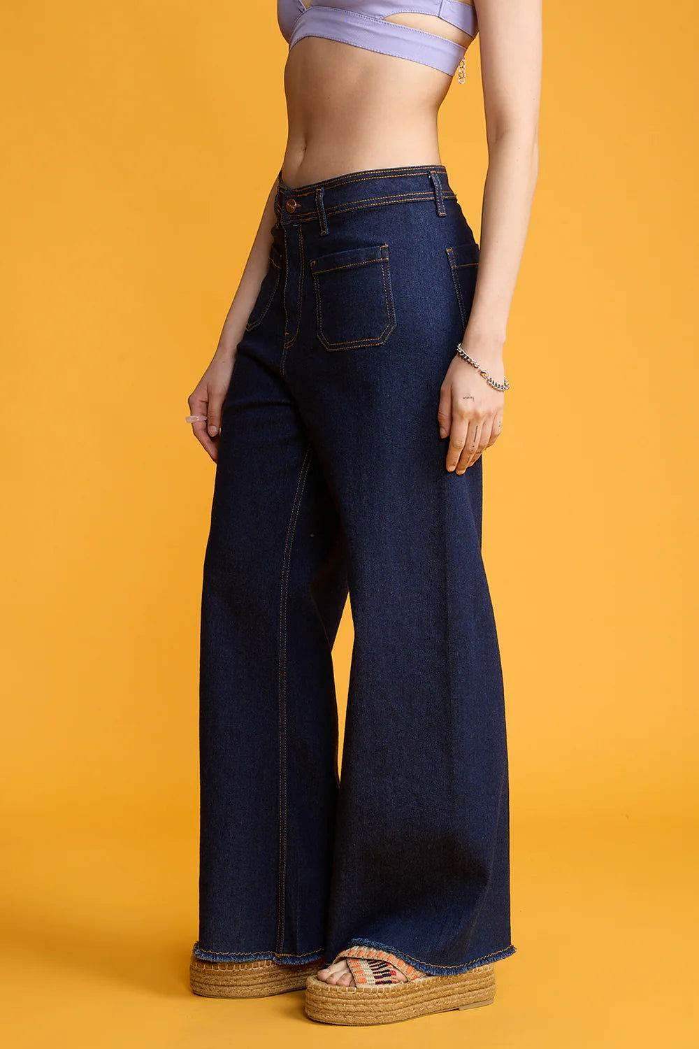 LT1K Dark Blue Utility Pocket Wide-Leg Frayed Hem Jeans. (Minor Fault) - lessthan1thousand