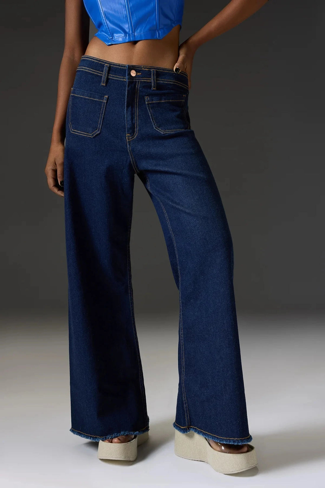 LT1K Dark Blue Utility Pocket Wide-Leg Frayed Hem Jeans. - lessthan1thousand