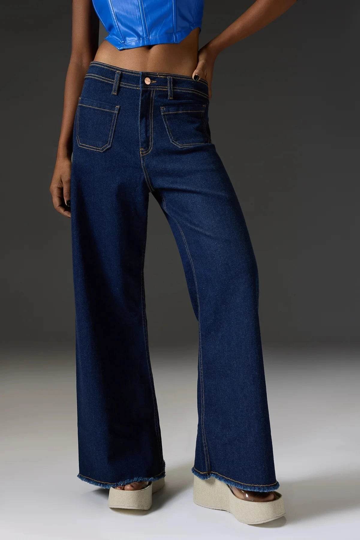 ZARA Dark Blue Utility Pocket Wide-Leg Frayed Hem Jeans. - lessthan1thousand