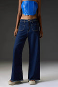 ZARA Dark Blue Utility Pocket Wide-Leg Frayed Hem Jeans. - lessthan1thousand