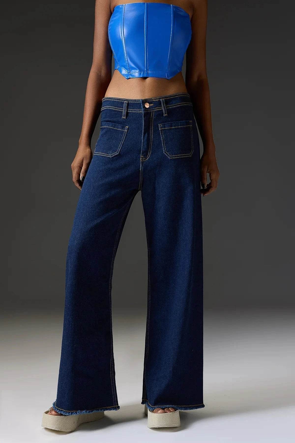 ZARA Dark Blue Utility Pocket Wide-Leg Frayed Hem Jeans. - lessthan1thousand