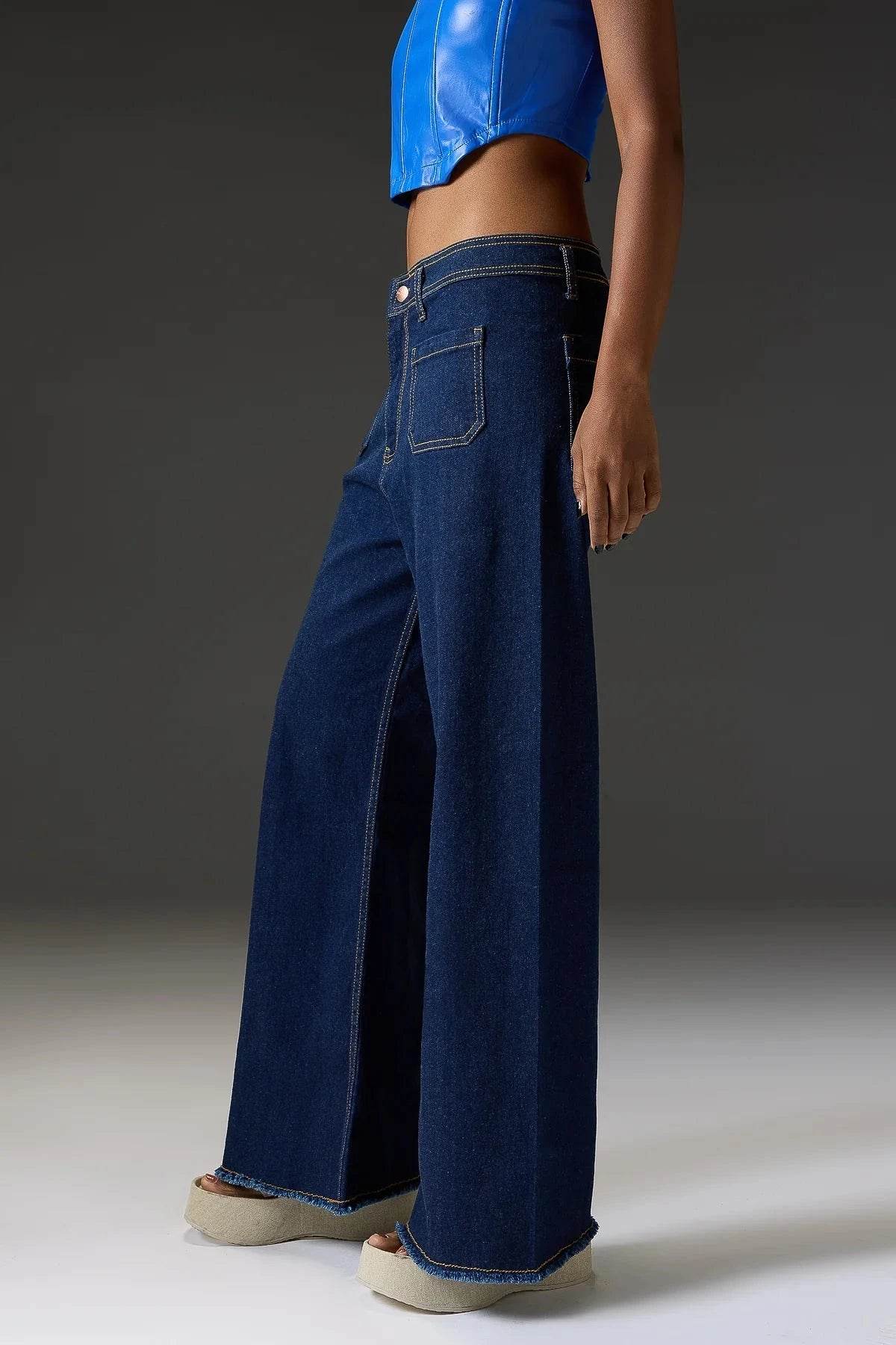 ZARA Dark Blue Utility Pocket Wide-Leg Frayed Hem Jeans. - lessthan1thousand