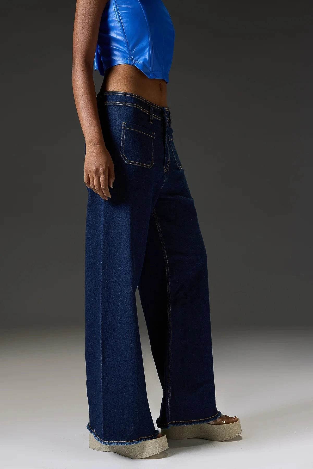 ZARA Dark Blue Utility Pocket Wide-Leg Frayed Hem Jeans. - lessthan1thousand