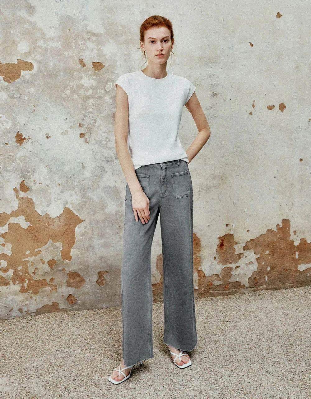 LT1K Light Grey Utility Pocket Wide-Leg Frayed Hem Jeans. (Minor Fault) - lessthan1thousand