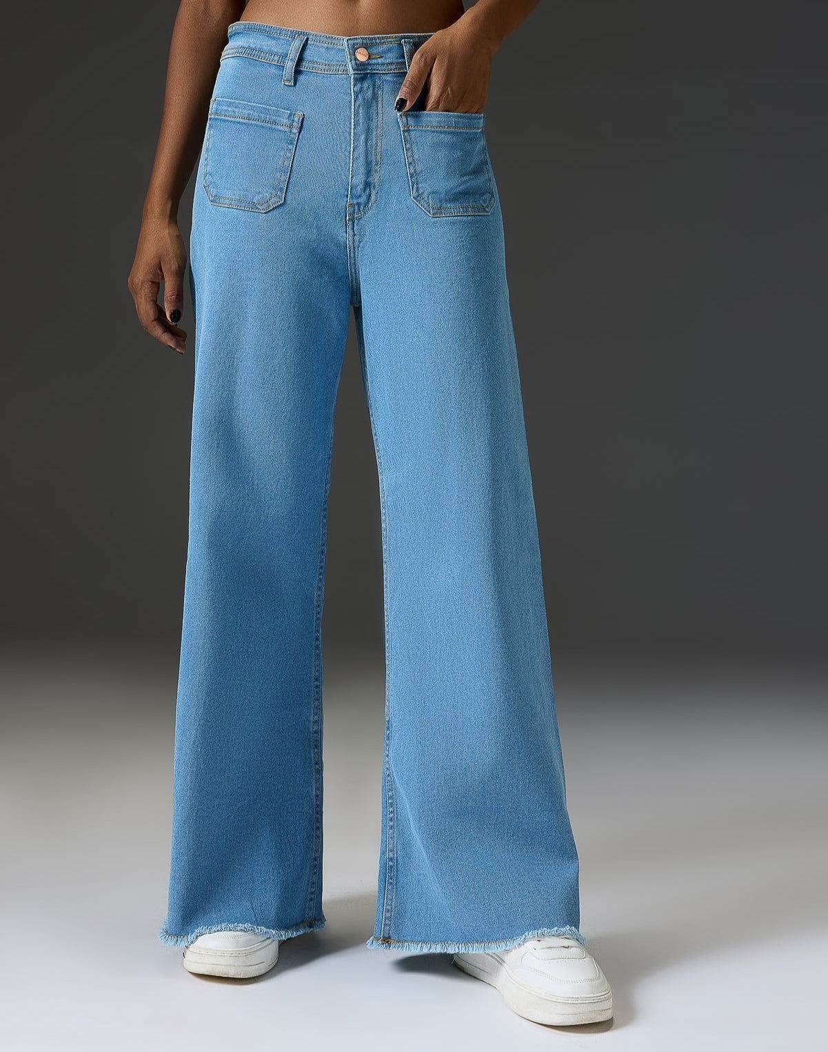 ZARA Light Blue Utility Pocket Wide-Leg Frayed Hem Jeans. - lessthan1thousand