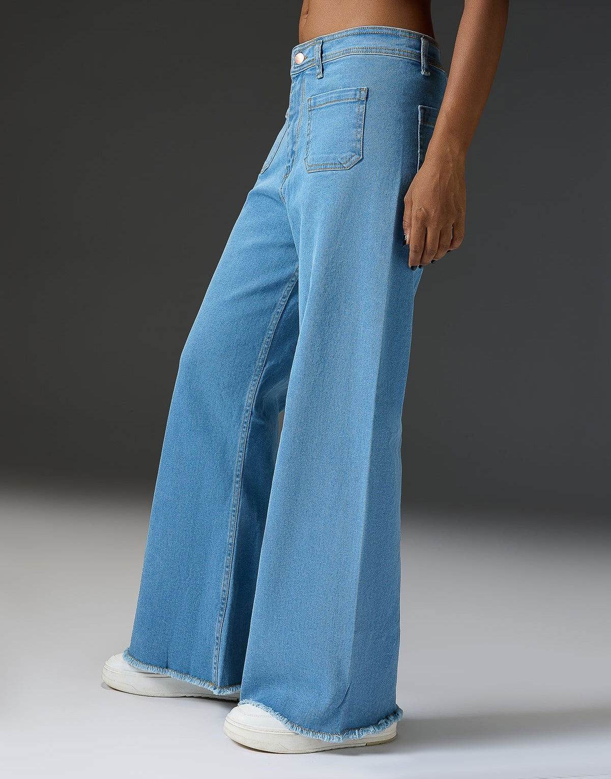 ZARA Light Blue Utility Pocket Wide-Leg Frayed Hem Jeans. - lessthan1thousand