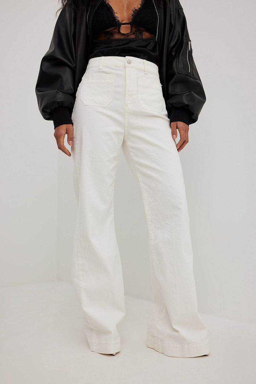 LT1K White Utility Pocket Wide-Leg Frayed Hem Jeans. - lessthan1thousand
