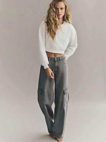 MANGO Dark Grey High-Waisted Cargo Wide-Leg Jeans. - lessthan1thousand