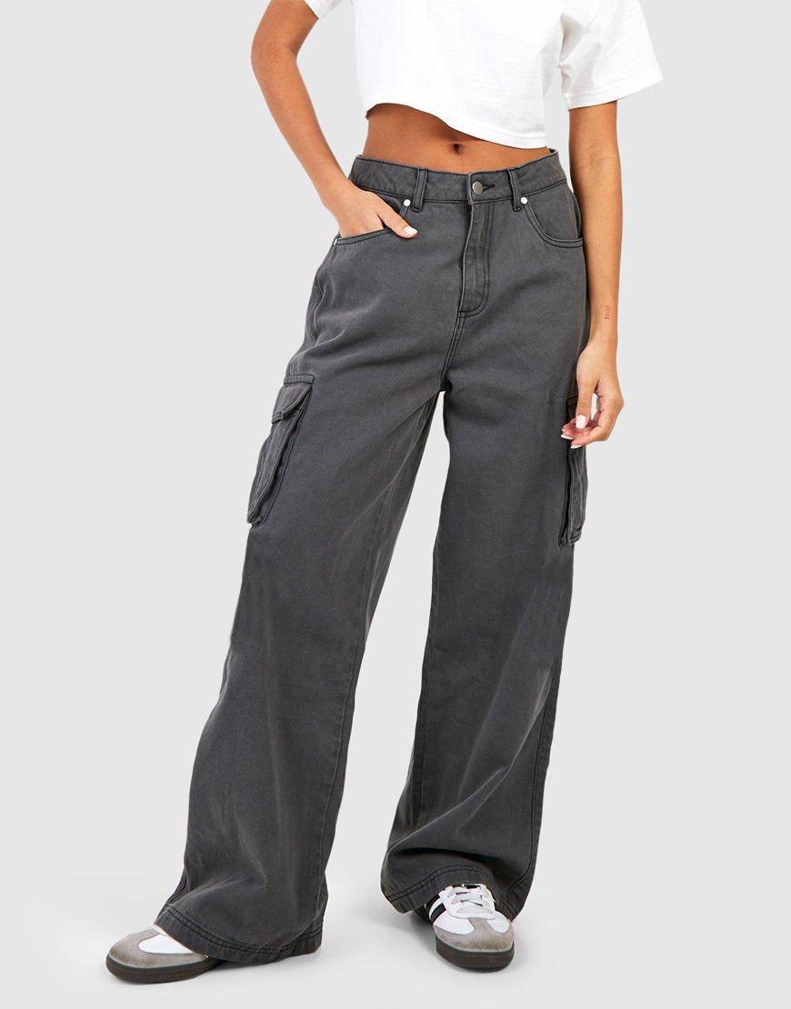 MANGO Dark Grey High-Waisted Cargo Wide-Leg Jeans - lessthan1thousand