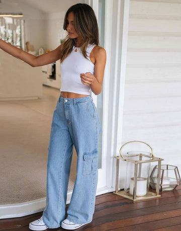 MANGO Light Blue High-Waisted Cargo Wide-Leg Jeans. - lessthan1thousand