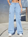MANGO Light Blue High-Waisted Cargo Wide-Leg Jeans. - lessthan1thousand