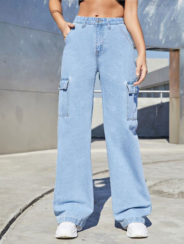 MANGO Light Blue High-Waisted Cargo Wide-Leg Jeans (Minor Fault) - lessthan1thousand