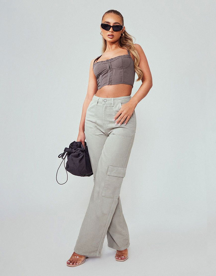 MANGO Light Grey High-Waisted Cargo Wide-Leg Jeans - lessthan1thousand