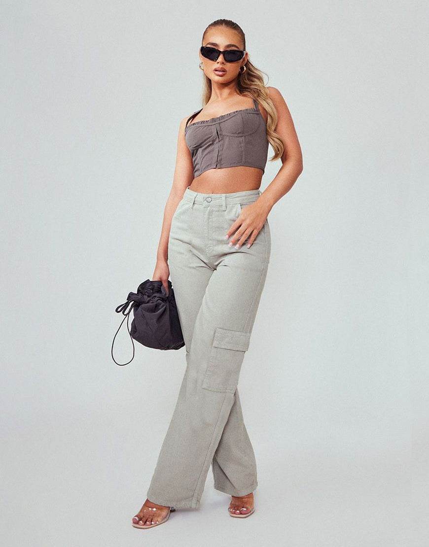 MANGO Light Grey High-Waisted Cargo Wide-Leg Jeans - lessthan1thousand