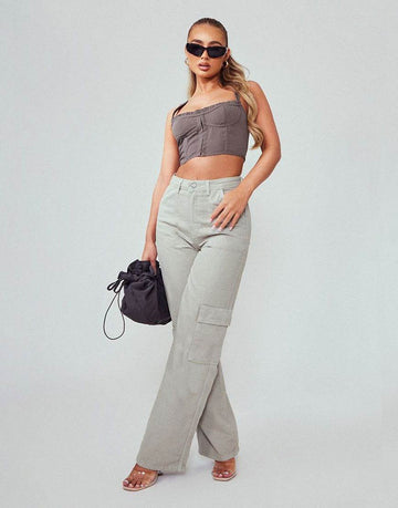 MANGO Light Grey High-Waisted Cargo Wide-Leg Jeans - lessthan1thousand