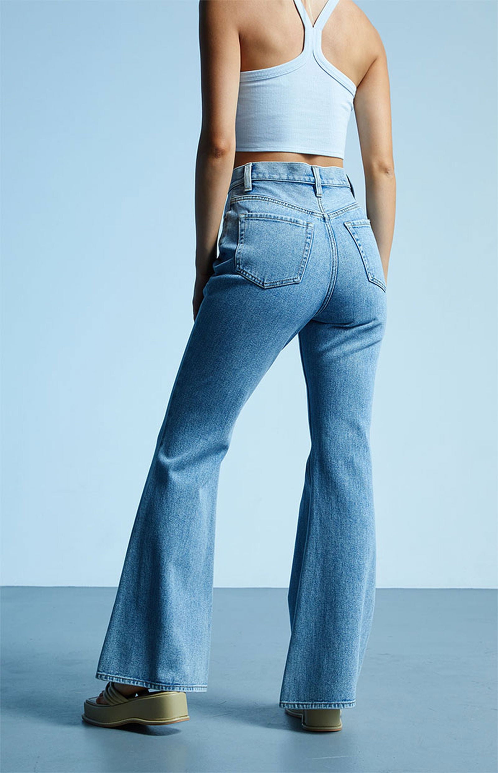 MANGO Mid-Blue High-Waisted Flare Jeans - lessthan1thousand