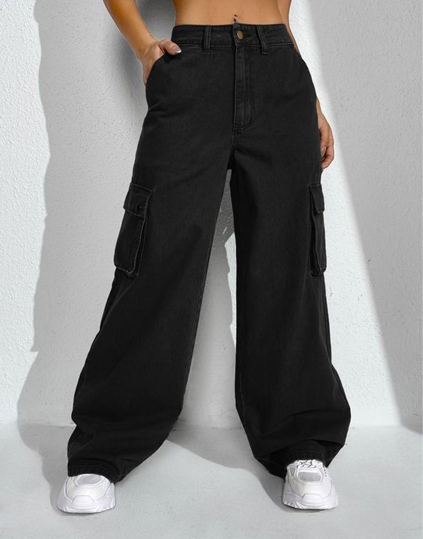 MANGO Pure Black Cargo Wideleg Jeans. (Minor Fault) - lessthan1thousand