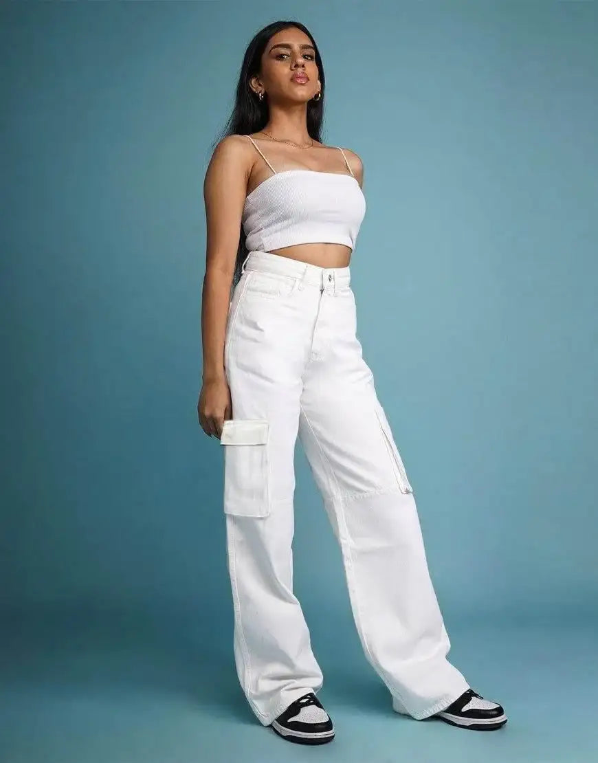 MANGO White Cargo Wideleg Jeans. (Minor Fault) - lessthan1thousand