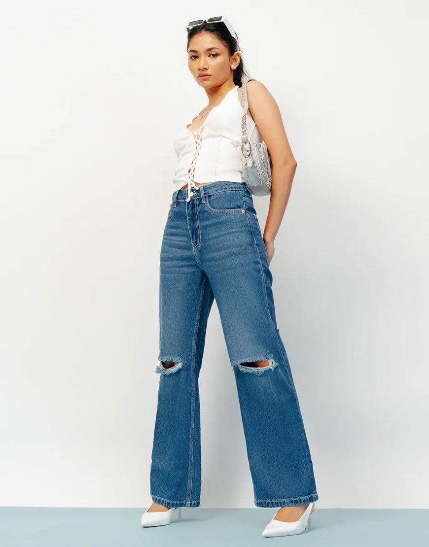 ZARA Dark Blue Knee-Ripped High-Waisted Wide-Leg Jeans. - lessthan1thousand