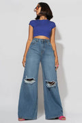 ZARA Dark Blue Knee-Ripped High-Waisted Wide-Leg Jeans. - lessthan1thousand