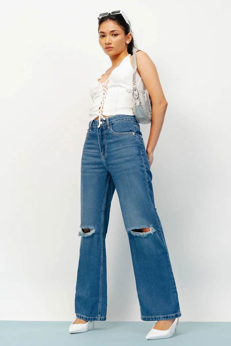 ZARA Dark Blue Knee-Ripped High-Waisted Wide-Leg Jeans. - lessthan1thousand