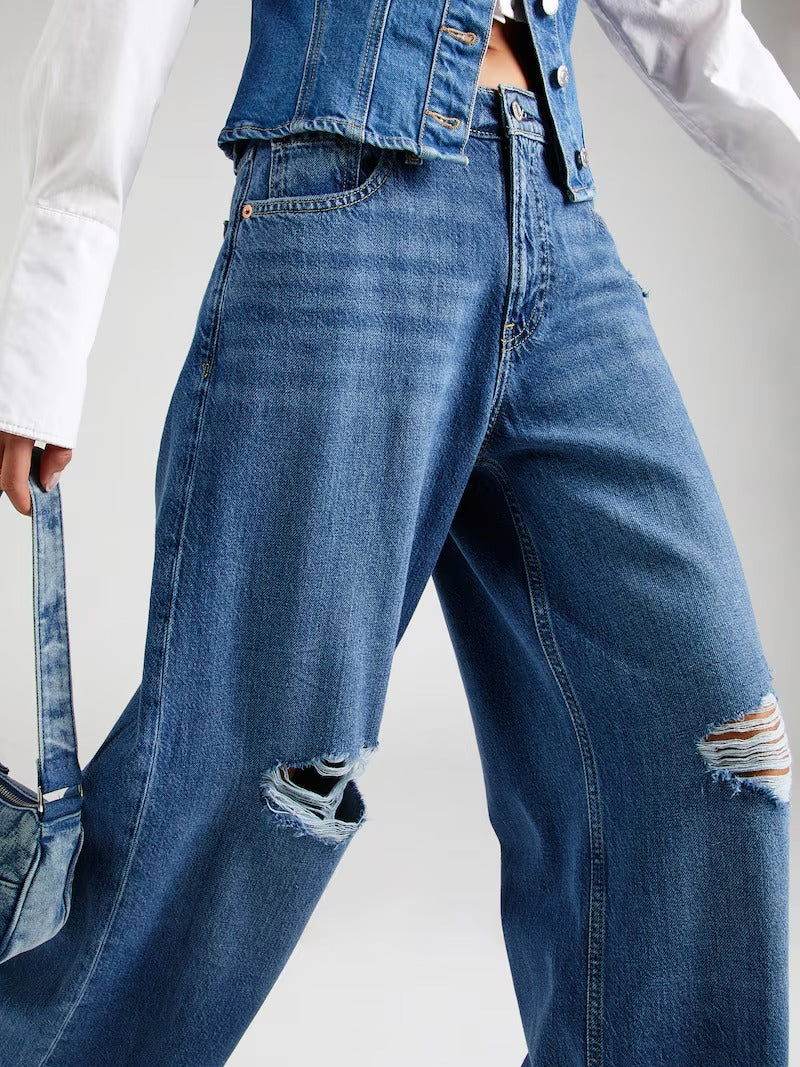 ZARA Dark Blue Knee-Ripped High-Waisted Wide-Leg Jeans. - lessthan1thousand