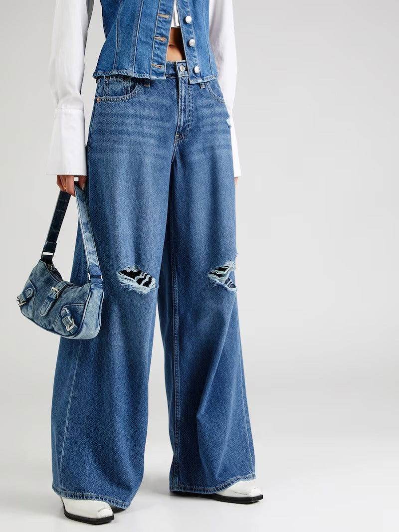ZARA Dark Blue Knee-Ripped High-Waisted Wide-Leg Jeans. - lessthan1thousand