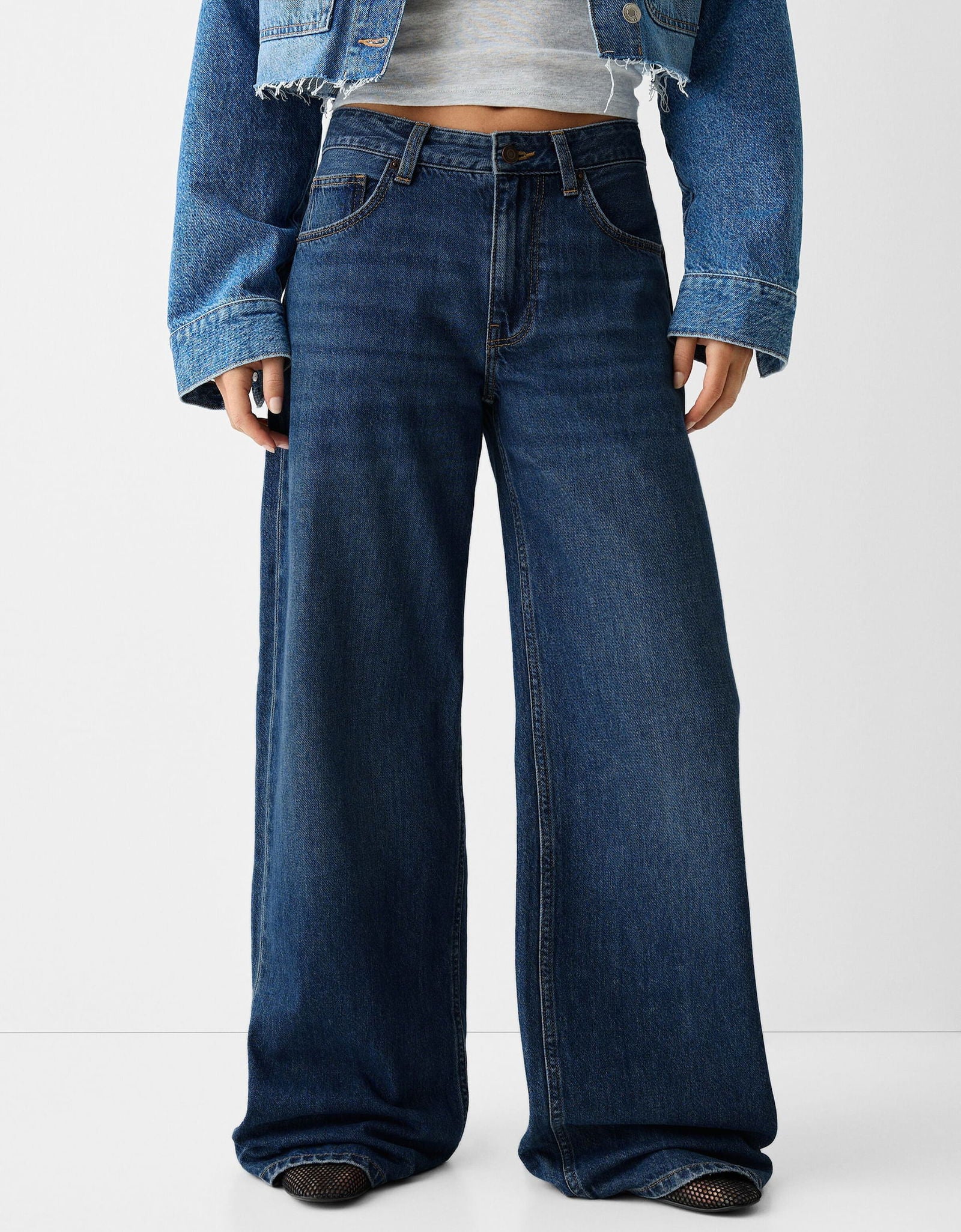 MNG Dark Blue Wide Leg Jeans. (Without Blasting and Whisker). - lessthan1thousand