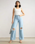 ZARA Light Blue Knee-Ripped High-Waisted Wide-Leg Jeans. - lessthan1thousand