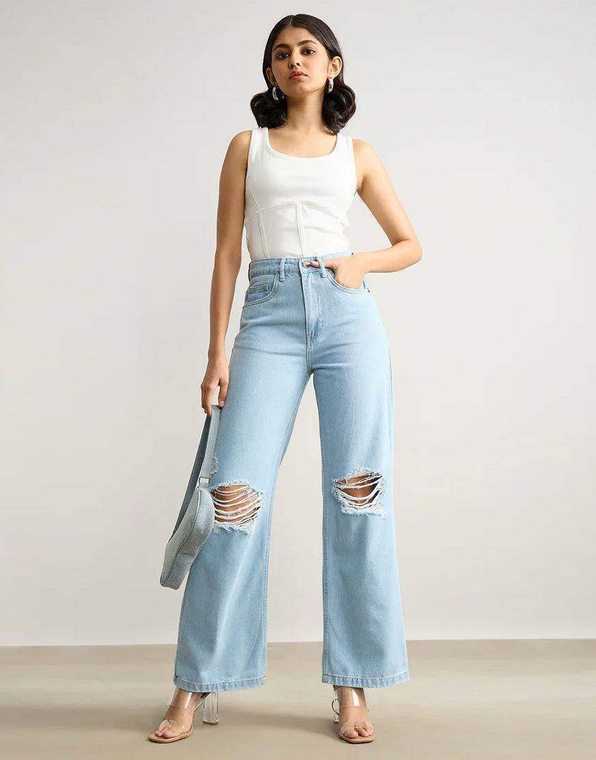 ZARA Light Blue Knee-Ripped High-Waisted Wide-Leg Jeans. - lessthan1thousand