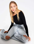 ZARA Light Blue Knee-Ripped High-Waisted Wide-Leg Jeans. - lessthan1thousand