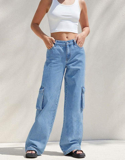 LT1K Medium Blue High-Waisted Cargo Wide-Leg Jeans. (Crop Length)