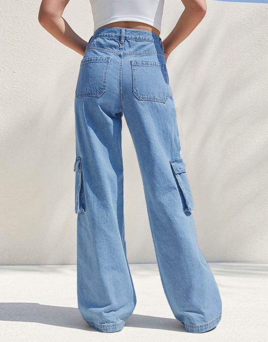 MNG Medium Blue High-Waisted Cargo Wide-Leg Jeans. - lessthan1thousand