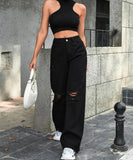 MNG Pure Black Knee-Ripped High-Waisted Wide-Leg Jeans - lessthan1thousand