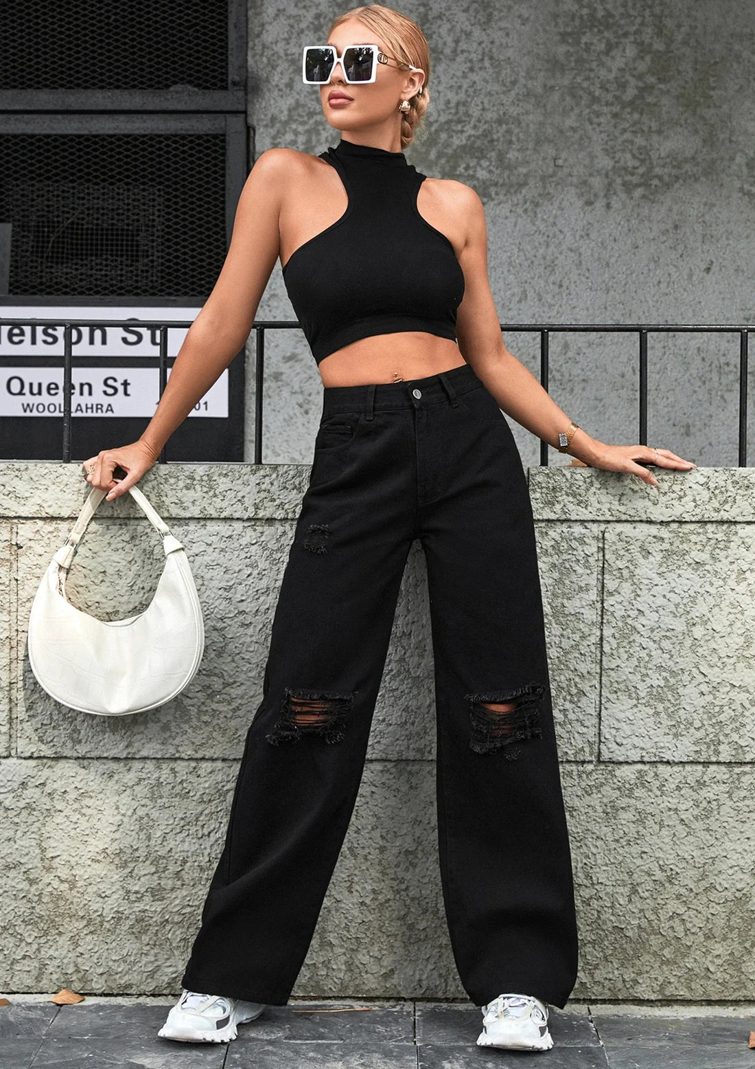 MNG Pure Black Knee-Ripped High-Waisted Wide-Leg Jeans - lessthan1thousand