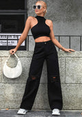ZARA Pure Black Knee-Ripped High-Waisted Wide-Leg Jeans - lessthan1thousand