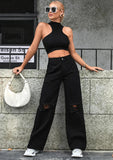 MNG Pure Black Knee-Ripped High-Waisted Wide-Leg Jeans - lessthan1thousand