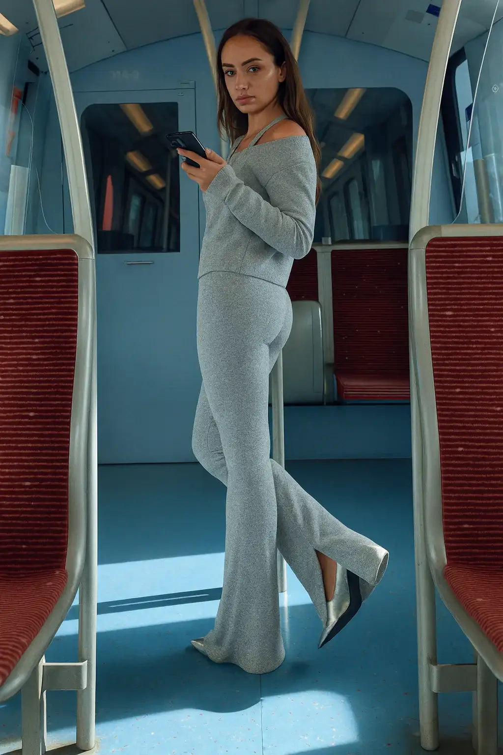 LT1K Light Grey Fix Belt Slit Flare Trouser.(Perfect For All Season)