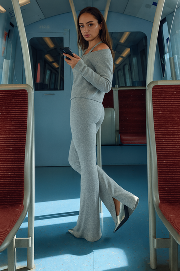 LT1K Light Grey Fix Belt Slit Flare Trouser.(Perfect For All Season)