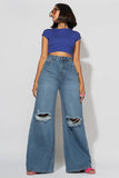 MNG Dark Blue Knee-Ripped High-Waisted Wide-Leg Jeans.