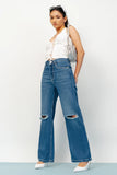 MNG Dark Blue Knee-Ripped High-Waisted Wide-Leg Jeans.